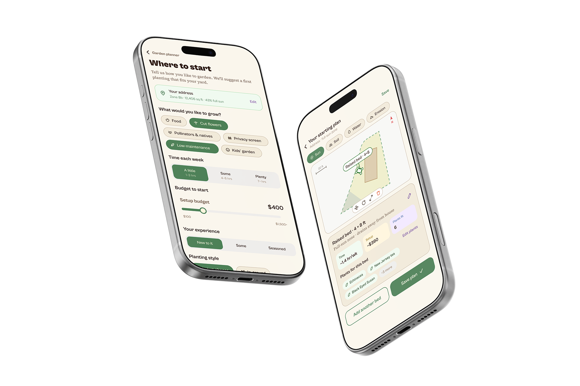 Ezina gardening app shown on two phones