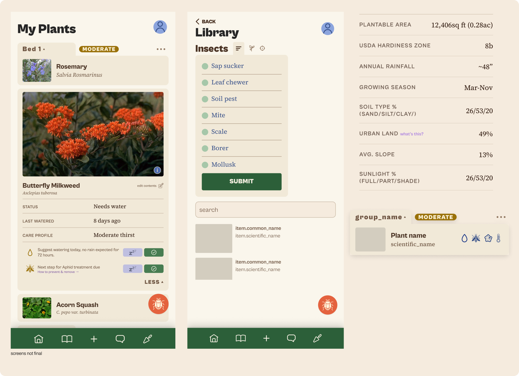Ezina app screens — My Plants, Library, and plant detail