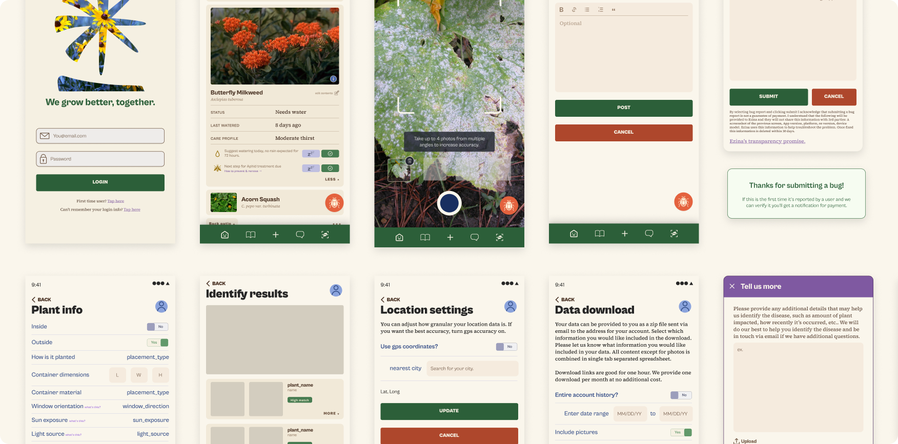 Ezina core user flow — login, plant detail, photo capture, post, and bug-report screens
