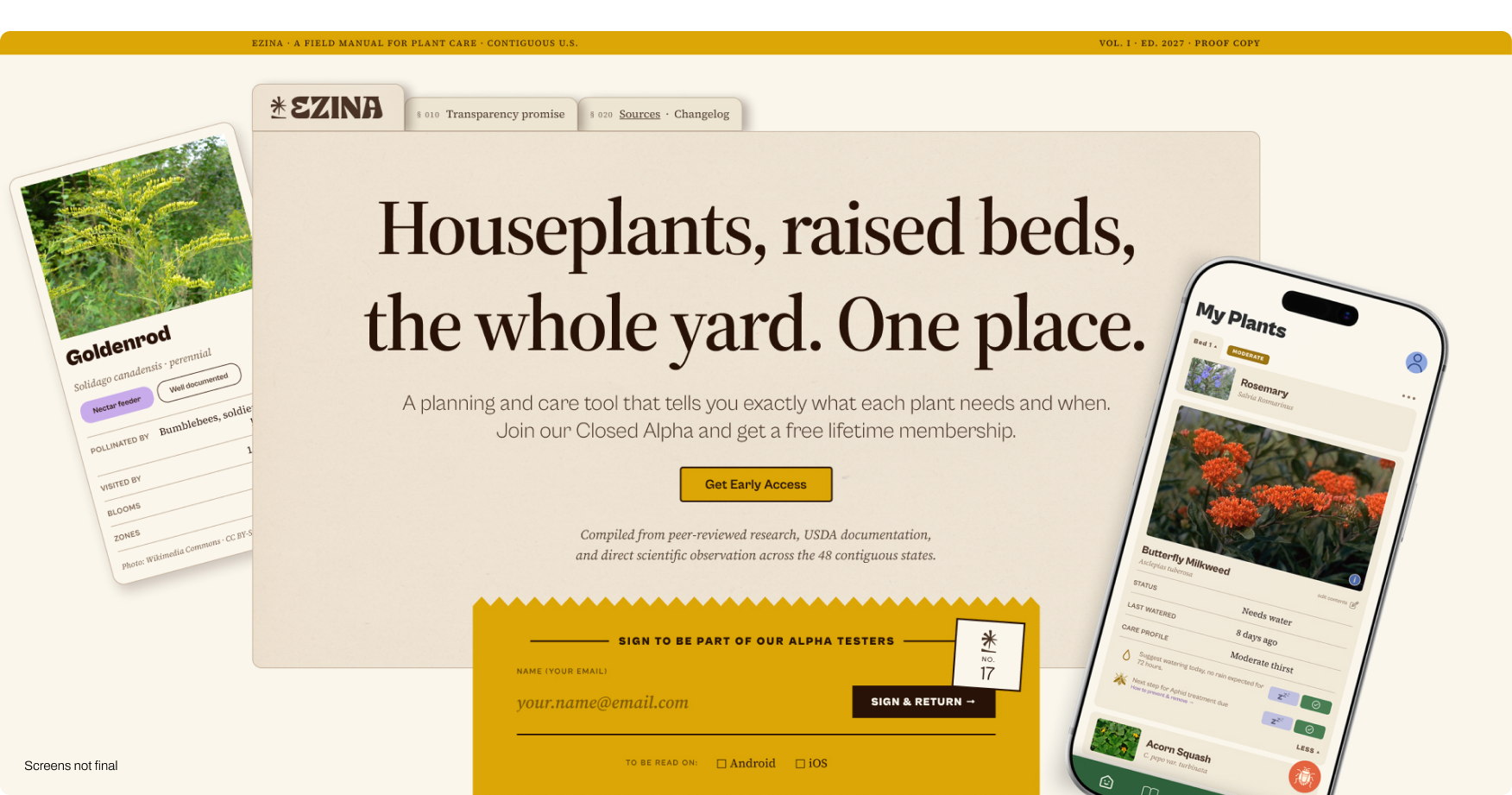 Ezina marketing site — Houseplants, raised beds, the whole yard. One place.