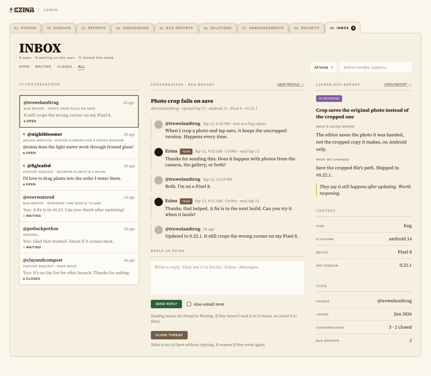 The Ezina admin panel — an inbox holding a bug report thread alongside reports, onboarding, deletions, announcements and security