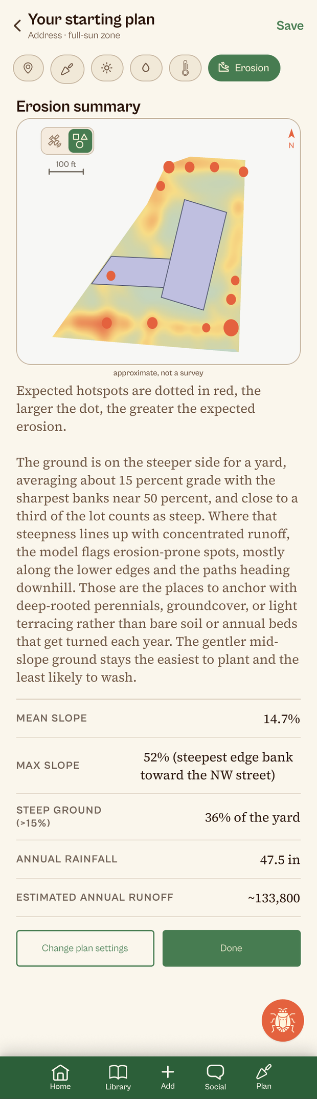 Ezina Dig — the erosion map, with hotspots marked on the steepest ground