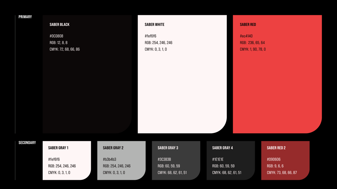 Saber palette — primary black, white, red and secondary grays