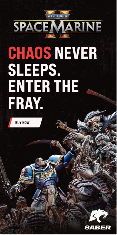 Saber × Space Marine II half-page ad (300×600)