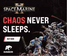 Saber × Space Marine II medium-rectangle ad (300×250)