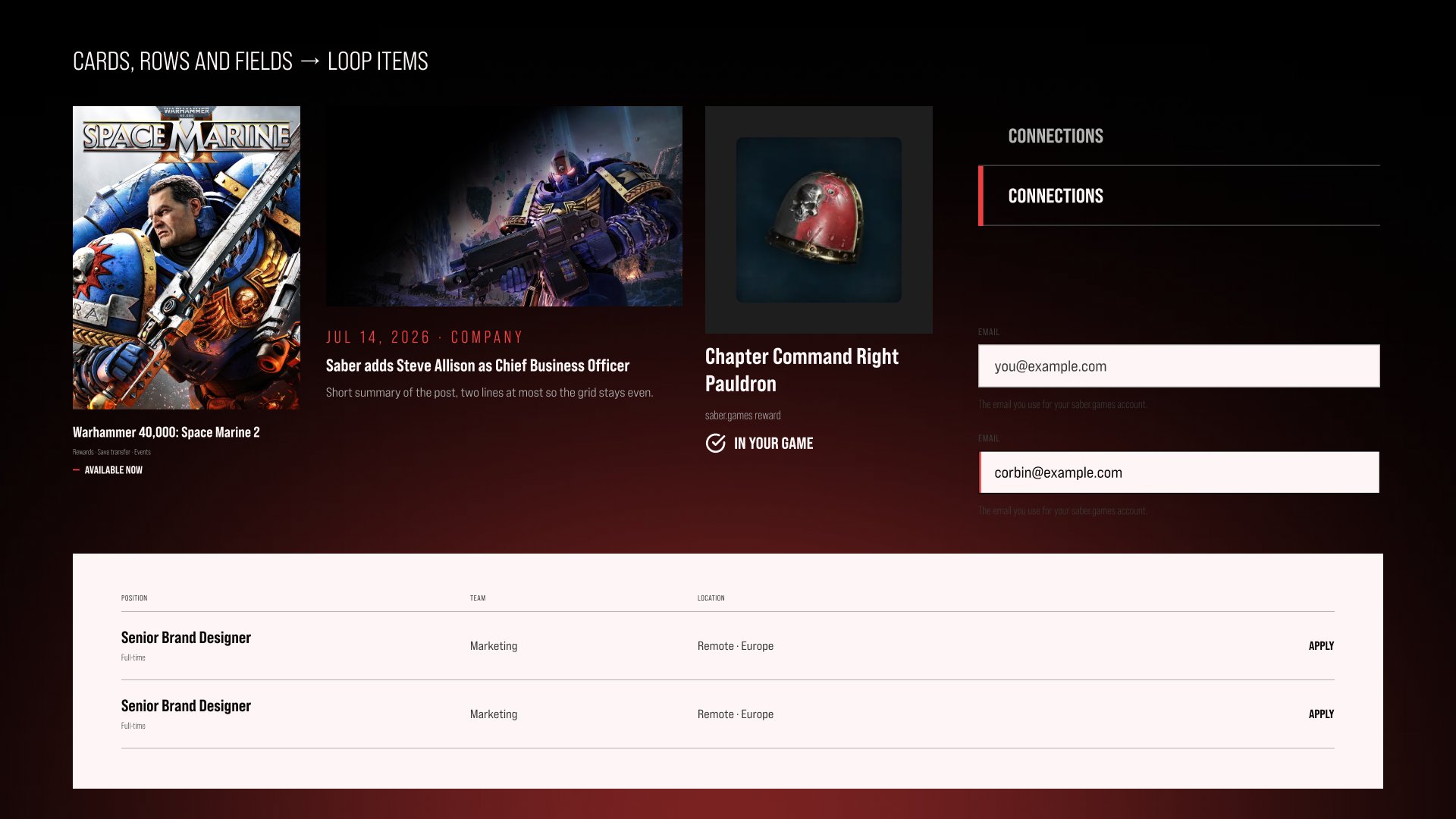 Game, news and reward cards, account navigation, fields and table rows
